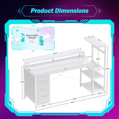59 Inch Gaming Desk with Drawers & PC Tower Stand & LED Lights, White | Reversible, Monitor Shelf, Power Outlets, Carbon Fiber, Mesa Gamer, Computer Desk with Storage, Gaming Table for Home Office - color: Carbon Fiber White, size: 59 Inch