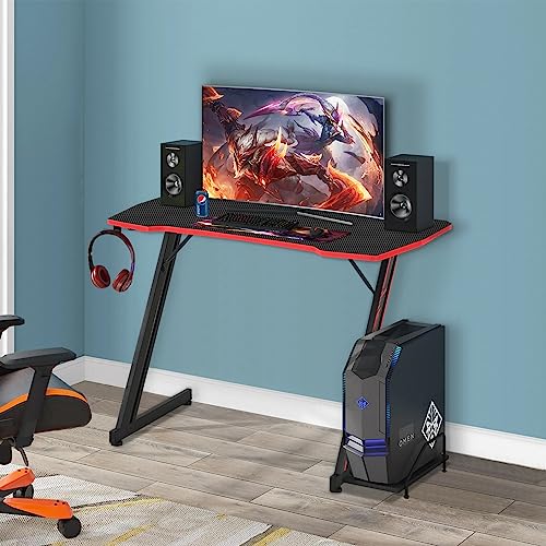 BestOffice | 39" Gaming Table | Red | Z-Shaped Computer Desk | with Steel Frame, Headphone Hook, Adjustable Feet | Carbon Fiber Texture| Easy to Clean | for Gaming, Home Office - color: Red, size: 39 Inch Z Shaped