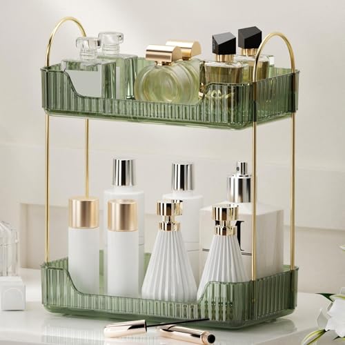 YCIA&DONE Bathroom Organizer Countertop, Makeup Storage, Skincare Cosmetic Tray Shelf, Perfume Holder Rack for Vanity Counter, Large Capacity, Easy to Install, Clean, 2 Tiers, Vintage Green - color: Vintage Green, size: 2-Tier
