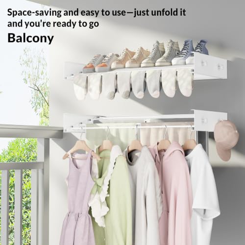Foldable Wall Mounted Drying Rack, 23.6"Long, Weight Capacity is 60 Lbs | Waterproof and Moisture-Resistant, 4 Towel Hooks and 4 Drying Rods, Space Saving for Bathroom, Balcony, Hallway and Garage