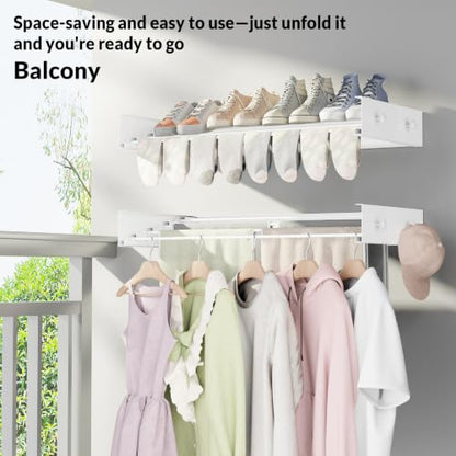Foldable Wall Mounted Drying Rack, 23.6"Long, Weight Capacity is 60 Lbs | Waterproof and Moisture-Resistant, 4 Towel Hooks and 4 Drying Rods, Space Saving for Bathroom, Balcony, Hallway and Garage