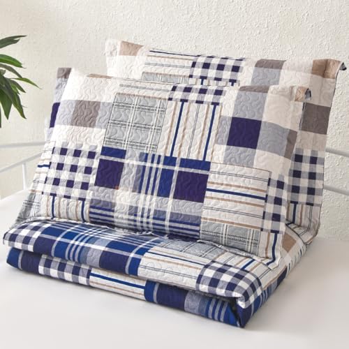 Jarson 3 Pcs Plaid Daybed Cover Set Twin Size Navy White Brown Sofa Cover Double Side Bed Set Classic Patchwork Bedding Sets Daybed Quilt Set with Pillow Shams - color: Navy White Brown