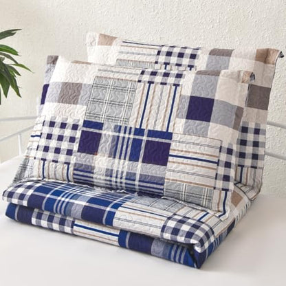 Jarson 3 Pcs Plaid Daybed Cover Set Twin Size Navy White Brown Sofa Cover Double Side Bed Set Classic Patchwork Bedding Sets Daybed Quilt Set with Pillow Shams - color: Navy White Brown
