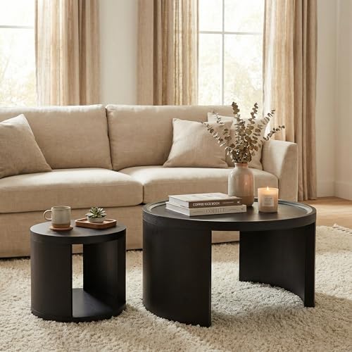 Round Nesting Coffee Table Set of 2, 31.5 and 18 in, Black | Round coffee table set, nesting tables for living room, use separately, space-saving design - color: Black