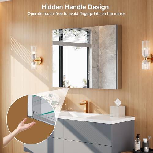 40" x 30" Bathroom Medicine Cabinet with Mirror, Recessed or Wall Mount | Medicine Cabinets with Adjustable Glass Shelves, Soft-Closed Hinge, Chrome Aluminum Frame, Reverse Installation - size: 40" x 30"