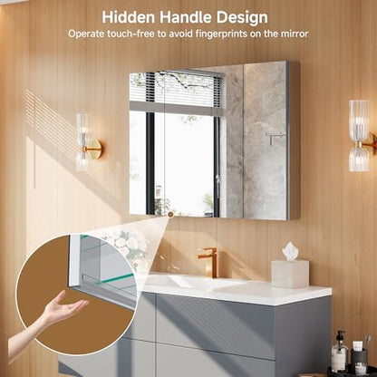 40" x 30" Bathroom Medicine Cabinet with Mirror, Recessed or Wall Mount | Medicine Cabinets with Adjustable Glass Shelves, Soft-Closed Hinge, Chrome Aluminum Frame, Reverse Installation - size: 40" x 30"