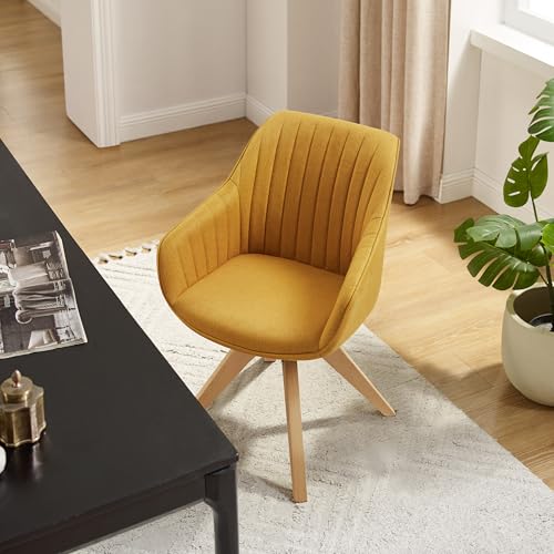Swivel Desk Chair for Home Office, Fabric, Yellow | No Wheels, Beech Wood Legs, Mid Century Modern, Upholstered, 360° Swivel, Accent Chair, Living Room, Bedroom - color: Yellow/Beech Wood, size: Fabric