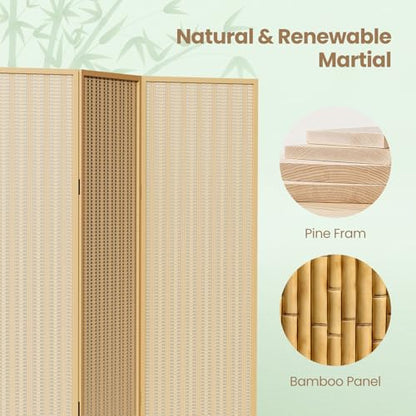 4 Panel Bamboo Room Divider, Folding Privacy Screen, Natural | Pine wood frame, dual-action stainless steel hinges, 5.6FT tall, extends to 63 inches wide, no assembly - color: Natural, size: 4 Panel