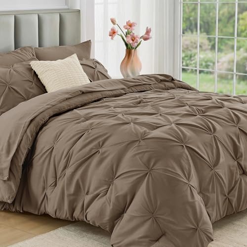 JOLLYVOGUE Twin Comforter Set 5 Pieces - Bed in a Bag Twin for All Season, Pintuck Bedding Comforter Sets with Comforter, Flat Sheet, Fitted Sheet and Pillowcases & Shams, Brown - color: Brown, size: Twin