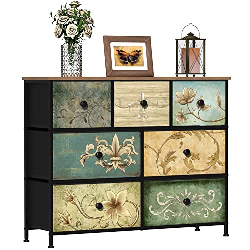 Dresser with Drawers for Bedroom Chest of Drawers Fabric Dresser for Closet,Nursery Entryway Hall Tree TV Stand for Living Room Retro Floral Pattern Drawers Wooden Top (7 Drawers) - size: 11.8"D x 39"W x 31.3"H (7 Drawers)