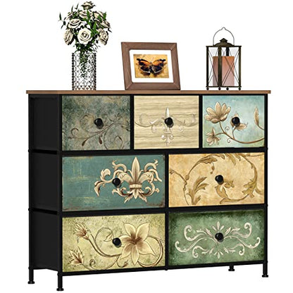 Dresser with Drawers for Bedroom Chest of Drawers Fabric Dresser for Closet,Nursery Entryway Hall Tree TV Stand for Living Room Retro Floral Pattern Drawers Wooden Top (7 Drawers) - size: 11.8"D x 39"W x 31.3"H (7 Drawers)