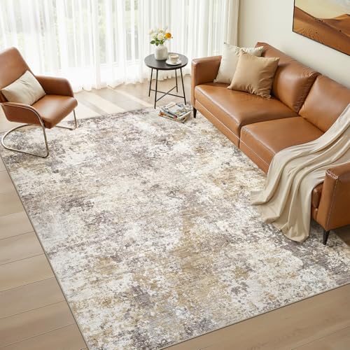 Nakagishi 5x7 Abstract Washable Area Rugs for Living Room-Golden Brown | Modern Non-Slip Silicone Backing Low Pile Soft Carpet for Bedroom Dining Decor for Families with Kids and Pets - color: Brown, size: 5' x 7' (Rectangular)