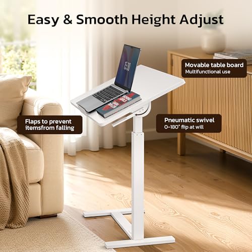 Mobile Standing Desk Adjustable Overbed Table, Pneumatic Height Adjustable Rolling Laptop Desk with Hidden Wheels, 0-180°Tilt Top Rolling Computer Cart Foldable for Home Office, Craft & Study, White - color: White, style: Fully Tiltable