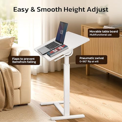 Mobile Standing Desk Adjustable Overbed Table, Pneumatic Height Adjustable Rolling Laptop Desk with Hidden Wheels, 0-180°Tilt Top Rolling Computer Cart Foldable for Home Office, Craft & Study, White - color: White, style: Fully Tiltable