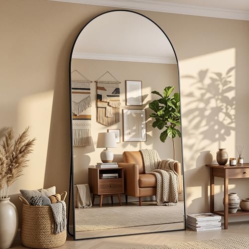46"×90" Arched Full Length Floor Mirror, Standing Mirror with Aluminum Frame, Large Body Mirror of Free Standing/Wall Mount/Leaning for Bedroom, Living Room, Dressing Room, Black - color: Black, size: 90"L x 46"W