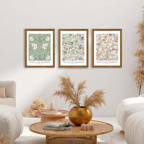 William Morris Classic Wall Art Green Pink And White Floral Picture 12x16in | Vintage 3 Pieces Botanical Art Prints for Living Room Office Home Decoration Wood Framed - color: Morris, size: 16"L x 12"W