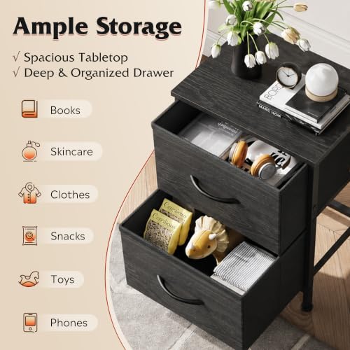 WLIVE Night Stand, Small Dresser with 2 Drawers & Wooden Top, Nightstand with Fabric Bins, Bedside Table End Table for Bedroom, Closet, Entryway, College Dorm, Charcoal Black | Nightstand with Fabric Bins, Bedside Table End Table for Bedroom, Kids Room -