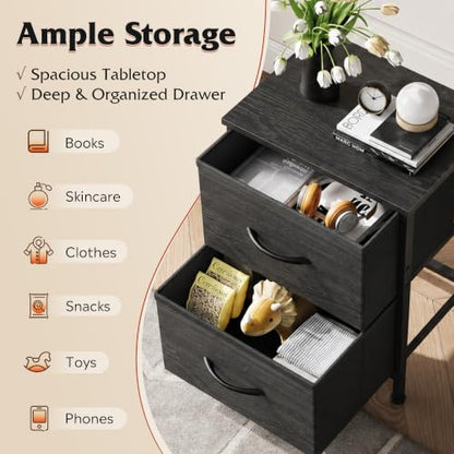 WLIVE Night Stand, Small Dresser with 2 Drawers & Wooden Top, Nightstand with Fabric Bins, Bedside Table End Table for Bedroom, Closet, Entryway, College Dorm, Charcoal Black | Nightstand with Fabric Bins, Bedside Table End Table for Bedroom, Kids Room -