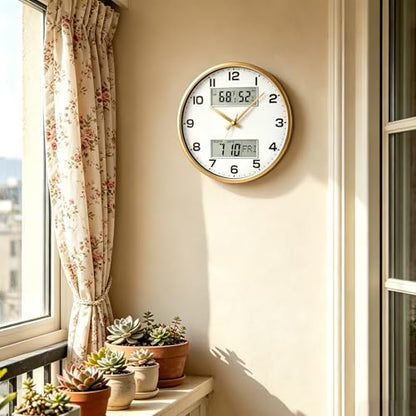 13" Gold Battery Powered Silent Wall Clock | Calendar, Temperature, Humidity, J-3728 - color: Gold