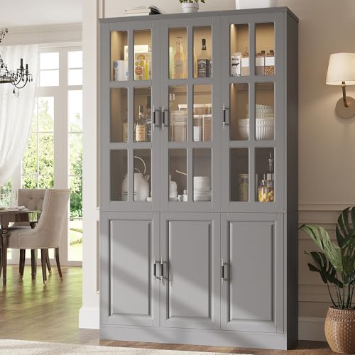 78.7" Tall Pantry Cabinet with LED Lights, Freestanding Kitchen Pantry with Glass Doors, Large Food Storage Cabinet, Grey (47.2" W x 15.7" D) - color: Grey, size: 6 Doors