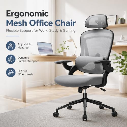Ergonomic Office Chair, Home Office Desk Chairs with Adjustable Lumbar Support and Headrest, High Back Mesh Computer Desk Chair with 3D Flip-up Armrests & 360° Swivel Wheels, 275 LBS - color: Grey With Lumbar Support