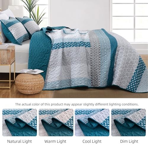 WONGS BEDDING Teal Blue Queen Size Quilt Set, Boho Striped Bedspread | 3 Pieces Ultra Soft Lightweight Bedding Set with 2 Pillow Shams for All Seasons,Reversible Polyester (96"x90") - color: Blue Grey, size: Queen