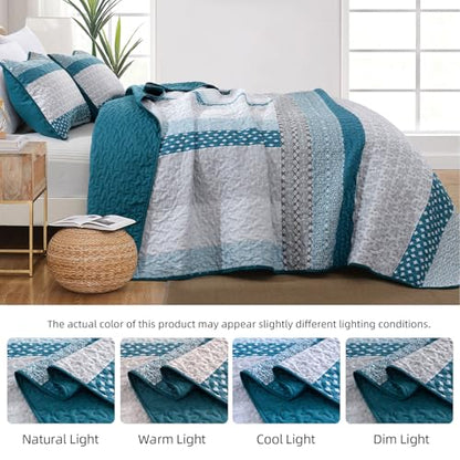 WONGS BEDDING Teal Blue Queen Size Quilt Set, Boho Striped Bedspread | 3 Pieces Ultra Soft Lightweight Bedding Set with 2 Pillow Shams for All Seasons,Reversible Polyester (96"x90") - color: Blue Grey, size: Queen