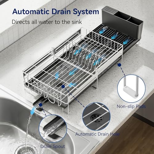 Stainless Steel Dish Drying Rack - Expandable Dish Racks for Kitchen Counter Organizer with Drain Board, Detachable Utensil & Cup Holder, Dish Drainer for Small Kitchen Counter, Black - color: Black
