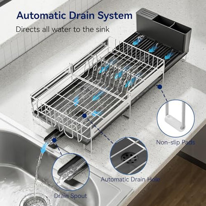 Stainless Steel Dish Drying Rack - Expandable Dish Racks for Kitchen Counter Organizer with Drain Board, Detachable Utensil & Cup Holder, Dish Drainer for Small Kitchen Counter, Black - color: Black