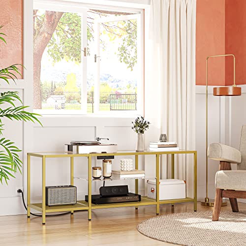 HOOBRO TV Stand with LED Lights and Power Outlets for TVs up to 65", Modern 55 Inch Tempered Glass TV Console Table with Open Shelves, Media Entertainment Center for Living Room, Gold GD145UDS01 - size: 55 Inch