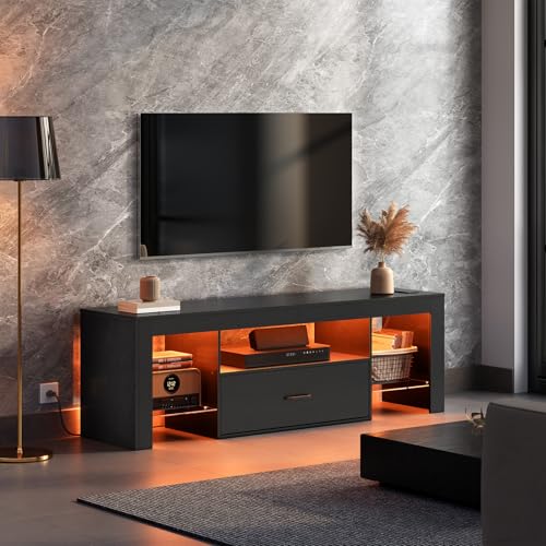 HOOBRO LED TV Stand with Power Outlets to 65 inch TV, Gaming Entertainment Center with Glass Shelves and Large Drawer, Modern Media TV Console Table for Living Room Bedroom, Black BB14UDDS01G1 - color: Black, size: 55.1 Inch