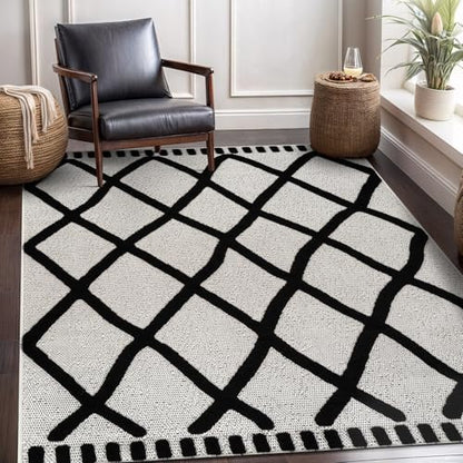 Modern Rug 5x7 Luxury Diamond Pattern Micro Loop Area Rugs Soft High-Low Pile Stain Resistant Easy to Clean Non-Shedding Durable Living Room Kitchen Indoor Carpet (Black/White) - color: Bold / Black, size: 5' x 7' (Rectangular)