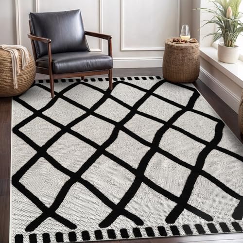 Modern Rug 6x9 Luxury Diamond Pattern Micro Loop Area Rugs Soft High-Low Pile Stain Resistant Easy to Clean Non-Shedding Durable Living Room Office Indoor Carpet (Black/White) - color: Bold / Black, size: 6' x 9' (Rectangular)