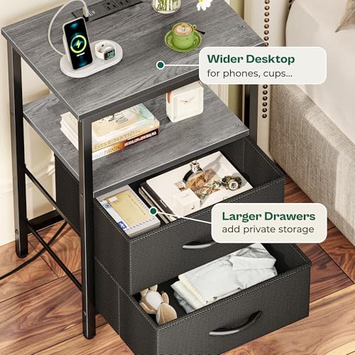 Huuger Night Stand with Charger Station and LED Lights, 2 Drawer Nightstand | Bed Side Table with Open ShelfEnd TableFabric Dresser for Bedroom, Grey and Black - color: Grey and Black, size: 11.8"D x 15.7"W x 23.6"H（2 Drawers）