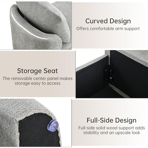 Usaint 58.3" Upholstered Storage Ottoman Bench with 2 Throw Pillows, Grey | End of Bed Bench with Curved Arms and Thickened Seat Cushion for Bedroom, Livingroom, Window, Entryway and Dressing Areas - color: Grey