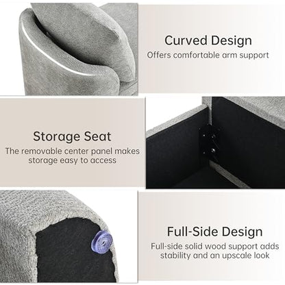 Usaint 58.3" Upholstered Storage Ottoman Bench with 2 Throw Pillows, Grey | End of Bed Bench with Curved Arms and Thickened Seat Cushion for Bedroom, Livingroom, Window, Entryway and Dressing Areas - color: Grey