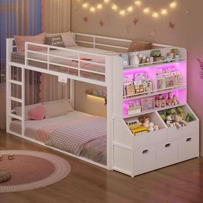 ADORNEVE Low Bunk Bed Twin Over Twin with Bookshelf, Drawers, White | Metal Floor Bunk Bed with RGB Lights, Charging Station, Toy Organizer, Safety Guardrail & Ladder, Small Space - color: White