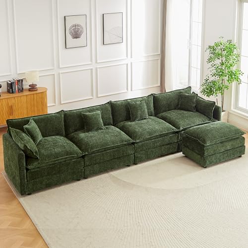 Modular Sectional Sofa, 147.2 Inch L Shaped Couch Set with Armrests, 4-Seater Comfy Cloud Couches with Movable Ottoman for Living Room Apartment, Green - color: Green, size: 147.2'' - L Shape