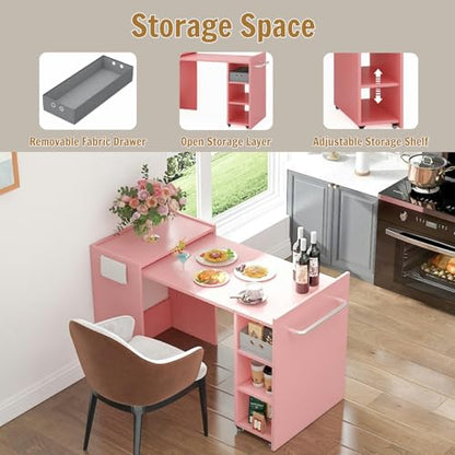 smilesun Folding Dining Table, Wall Mount Foldable Kitchen Table w/Fabric Drawer & Adjustable Storage Shelf, Space Saving Compact Expandable Pull Out Table for Small Spaces, Pink - color: Pink