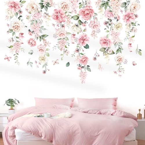 wondever Large Pink Flowers Wall Stickers Hanging Vine Floral Leaves Peel and Stick Wall Art Decals for Baby Nursery Girls Bedroom Living Room