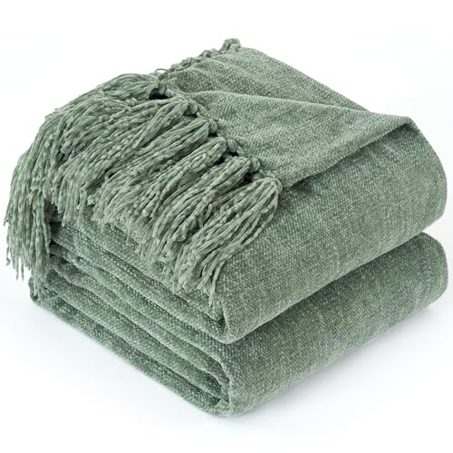 Chenille Throw Blanket for Couch - Soft Knit Blankets 60"X80" | Cozy Warm Lightweight Boho Decorative Knitted Blankets with Tassels for Bed and Sofa,Light Green - color: Light Green, size: 60"x80"