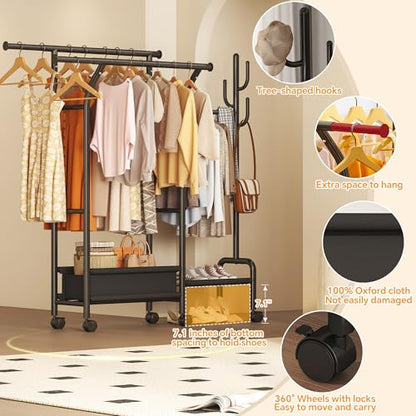 Homeiju Heavy Duty Clothes Rack Load 500LBS, Three Rods Clothing Racks for Hanging Clothes Extendable, Rolling Garment Rack with Sturdy Wheels, Basket, Storage Shelves, Black - color: Black