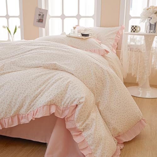 Pink Floral Full Duvet Cover Pink Ruffle Coquette Comforter Cover Full Size Cotton Boho Aesthetic Cute Duvet Cover Set with 4 Corner Ties Soft Bedding Set Striped Duvet Protector - color: A Ruffle Floral01, size: Full(Duvet Cover and 2 Pillows Sham)