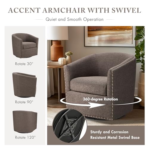 Madison Park Swivel Barrel Accent Chair, Upholstered Curved Back with 7-Inch Thick Woven Cushion, 360° Swivel, Nailhead Trim, Comfy Chair for Living Room, Bedroom, Office, 28" Wide, Chocolate, Tyler - color: Chocolate