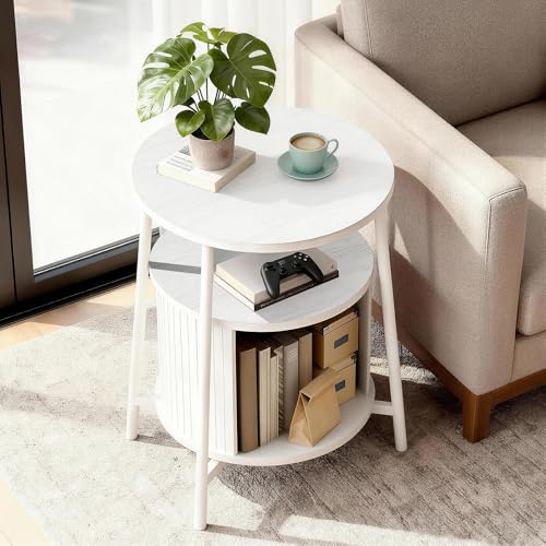DHH Round End Tables Set of 2 & Charging Station, Fluted Accent Side Table with Sliding Door, Mid-Century Modern Nightstand Set of 2 for Small Space Storage, Living Room, Bedroom,Sofa Couch(2, White) - color: Grayish White