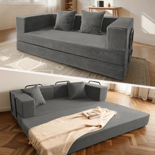 5-in-1 Futon Sofa Bed Queen Floor Convertible Couch Foldable Lounge Grey | Multi-Position Convertible Lounge Couch for Guest Room & Apartment, Removable Washable Cover, Space Saving - color: Grey