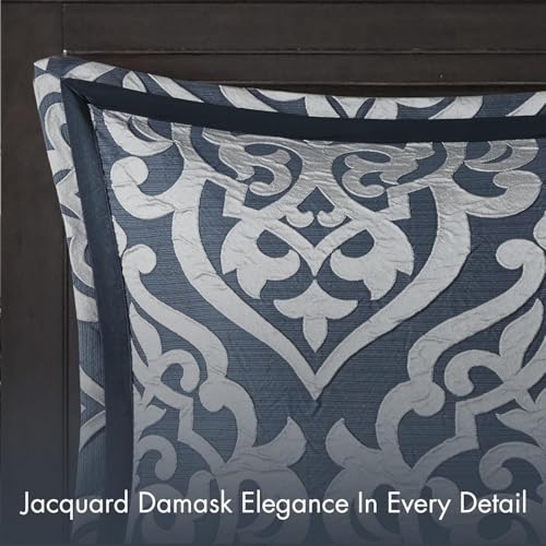 Madison Park Odette Cozy Comforter Set Jacquard Damask Medallion Design - Modern All Season, Down Alternative Bedding, Shams, Decorative Pillows, King(104 in x 92 in), Navy 8 Piece | All Season Down Alternative Bedding with Comforter, Shams, Bed Skirt, De