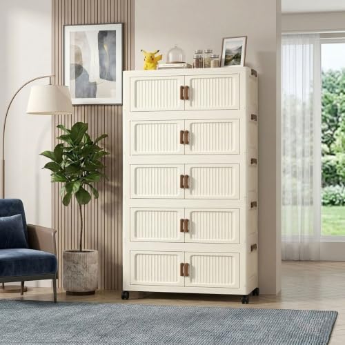 259QT Modular Stackable Storage Cabinet, Rolling Lidded Storage Containers with Wheels, Collapsible Drawer Storage Bins for Clothes, Toys, Bedroom, Dorm Room Organization, Cream White（5 Pack） - size: 5 Pack 24 L x 12 W x 56 H
