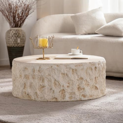 31.5" Round Coffee Table Magnesium Oxide Centre Table, Mid-Century Modern Faux Stone Tea Table for Living Room Apartment, No Need Assembly - Amber, Beige - color: H-31.5" Round Beige