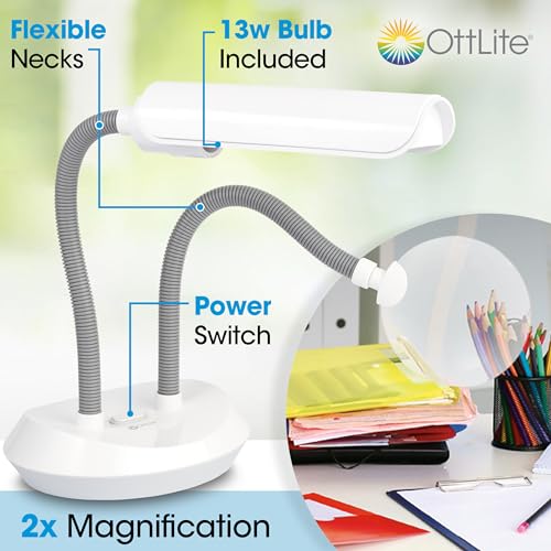 OttLite 13-Watt Duoflex CFL Magnifier Lamp, White | 5-Inch Lens with 2x Magnification and 5x Spot | Flexible Neck with Rotating Shade | OttLite CFL Tube Included